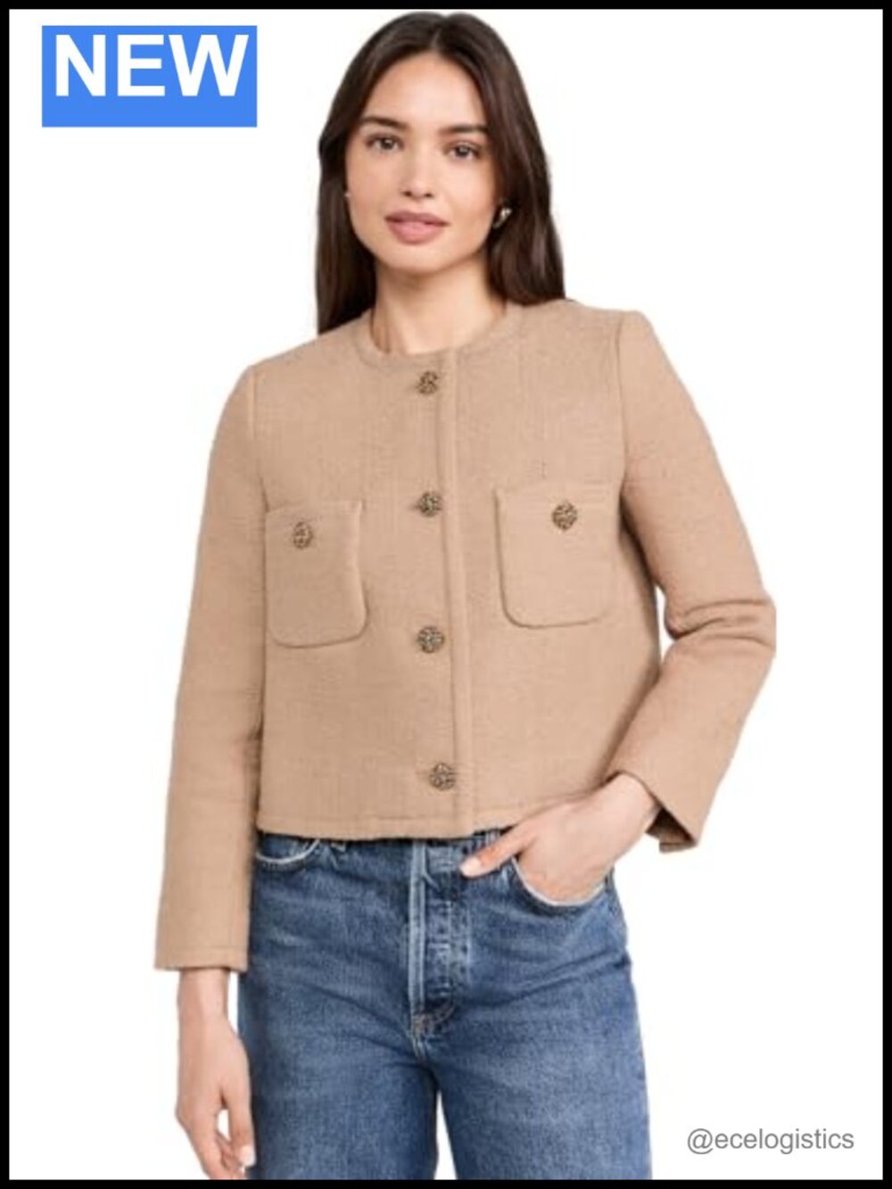 Wool Blend Short Structured Jacket with Jewel Buttons